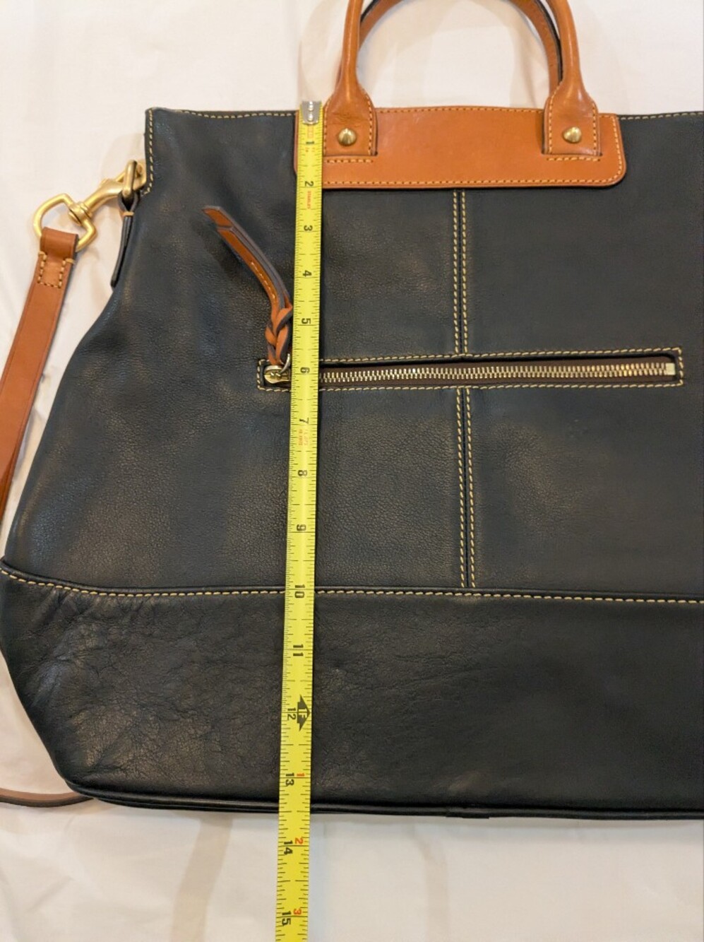 Dooney & Bourke Black Leather Zip-Top Tote with Tan Trim - Picture 9 of 15